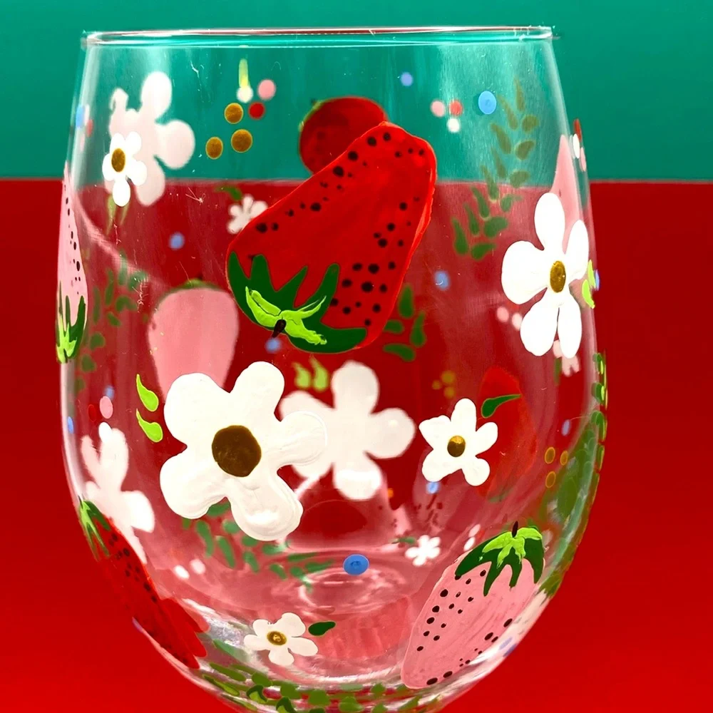 Hand-Painted Strawberry Floral Leaves And Polka Dots Wine Glass